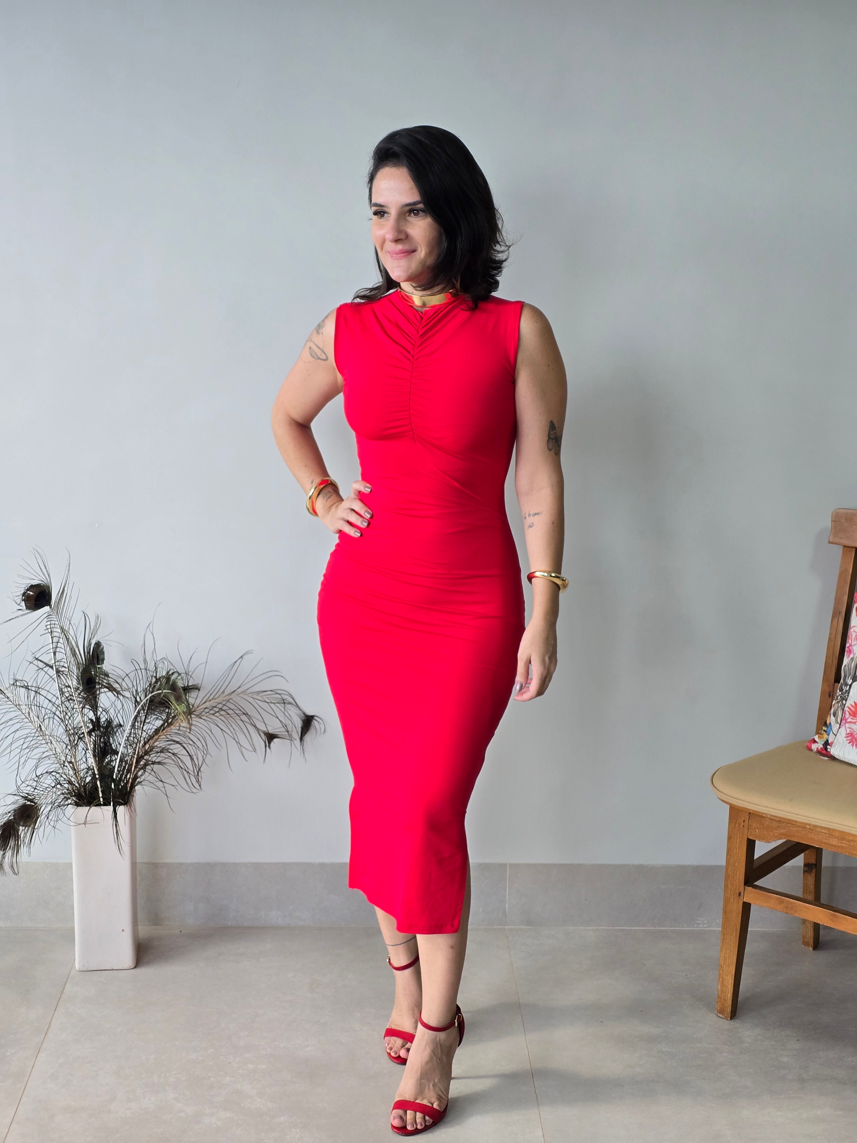 Vestido Midi Vermelho Cereja