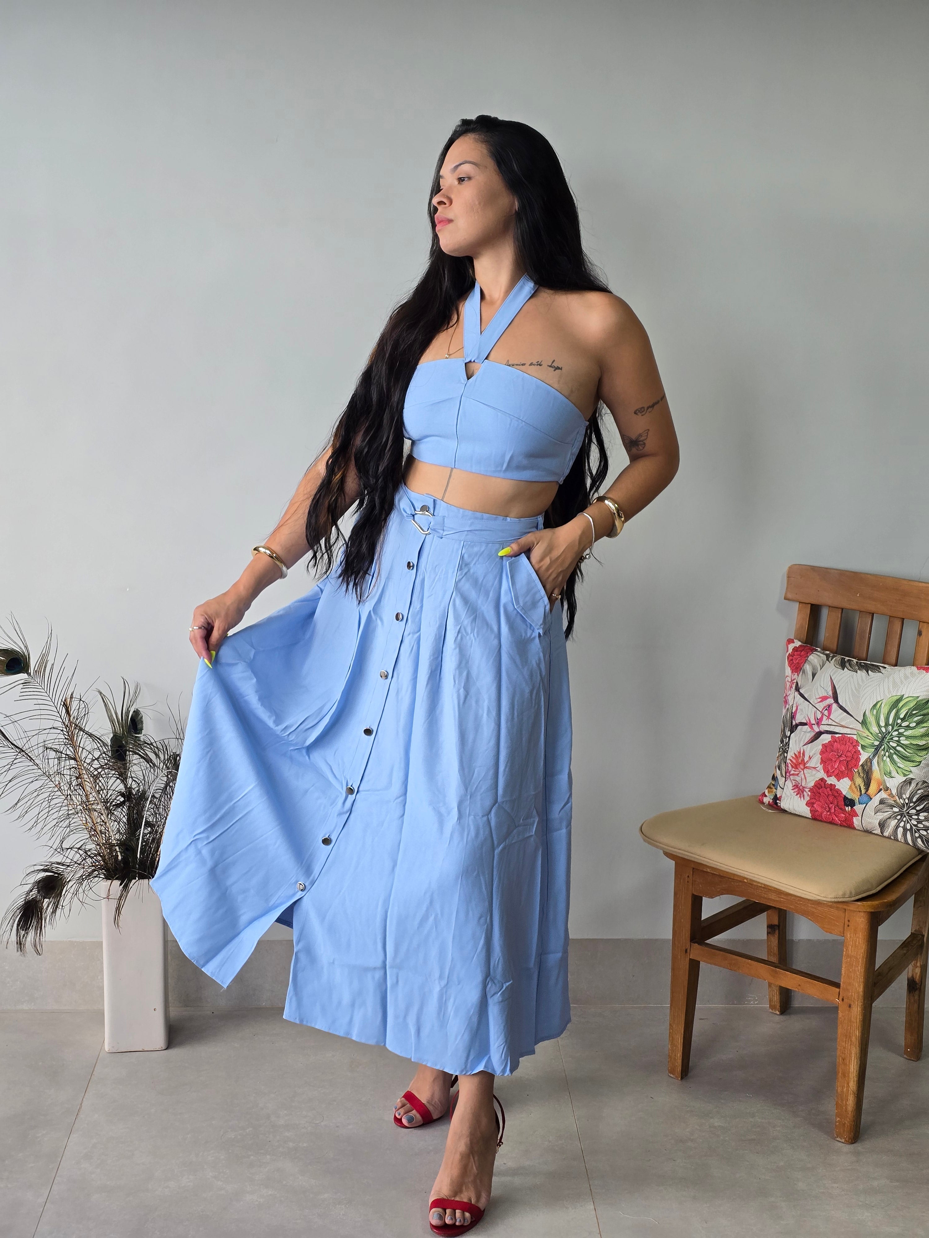 Conjunto Cropped e Saia Midi Abotoada Azul Bebê